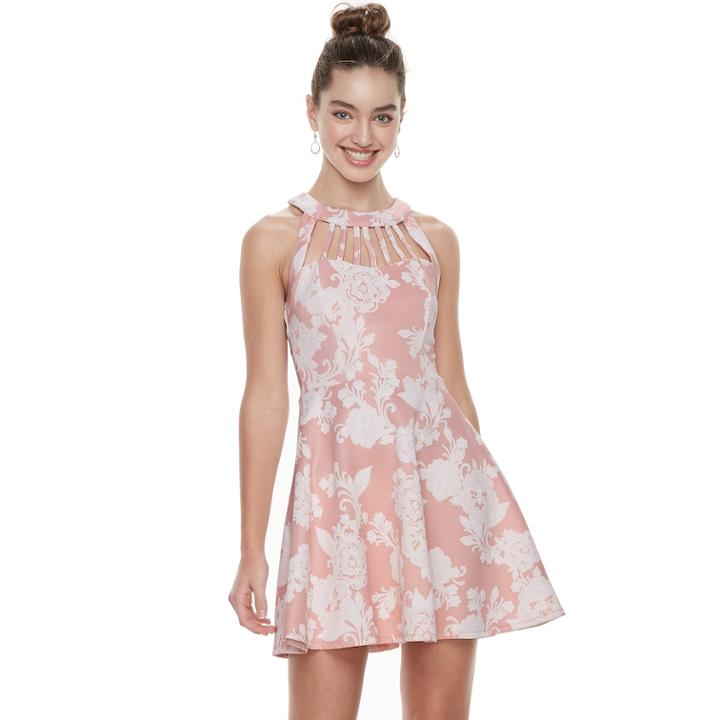 Juniors' Three Pink Hearts Floral Puff Scuba Caged Skater Dress, Teens, Size: Xl, Light Pink