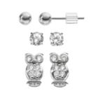 Cubic Zirconia Sterling Silver Owl & Ball Stud Earring Set, Women's, Grey