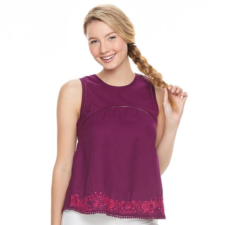 Juniors' So&reg; Embroidered Pom-pom Hem Tank, Teens, Size: Large, Drk Purple