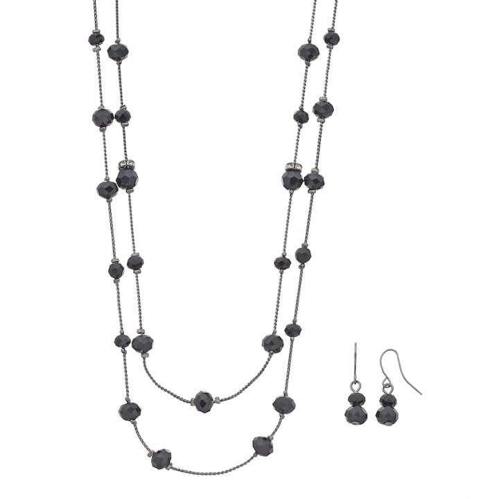 Long Black Beaded Double Strand Necklace & Drop Earring Set, Women's, Oxford