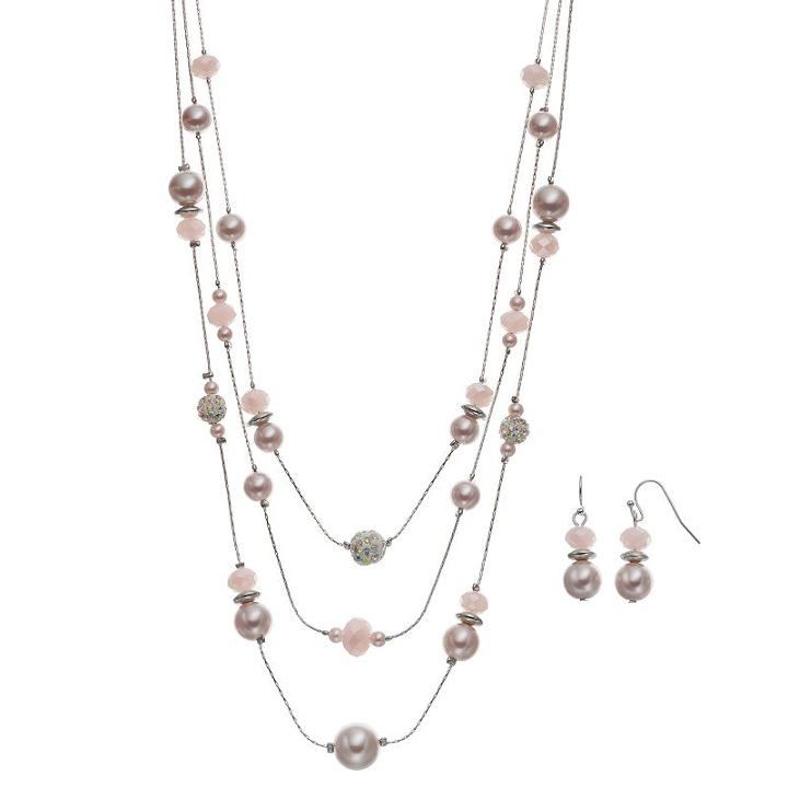 Pink Simulated Pearl Multi Strand Necklace & Drop Earring Set, Women's