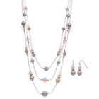 Pink Simulated Pearl Multi Strand Necklace & Drop Earring Set, Women's