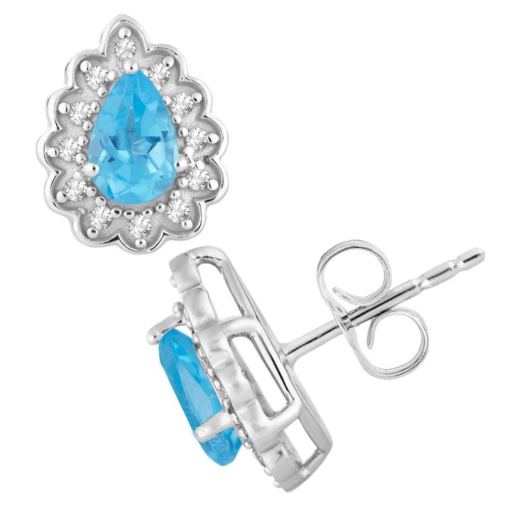 10k White Gold Swiss Blue Topaz & 1/10 Carat T.w. Diamond Teardrop Stud Earrings, Women's