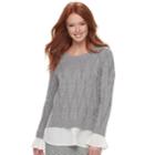 Women's Elle&trade; Mock-layer Cable Knit Sweater, Size: Medium, Light Grey