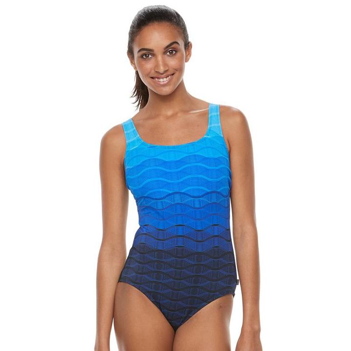 Women's Reebok Wavy Striped One-piece Swimsuit, Size: 8, Blue
