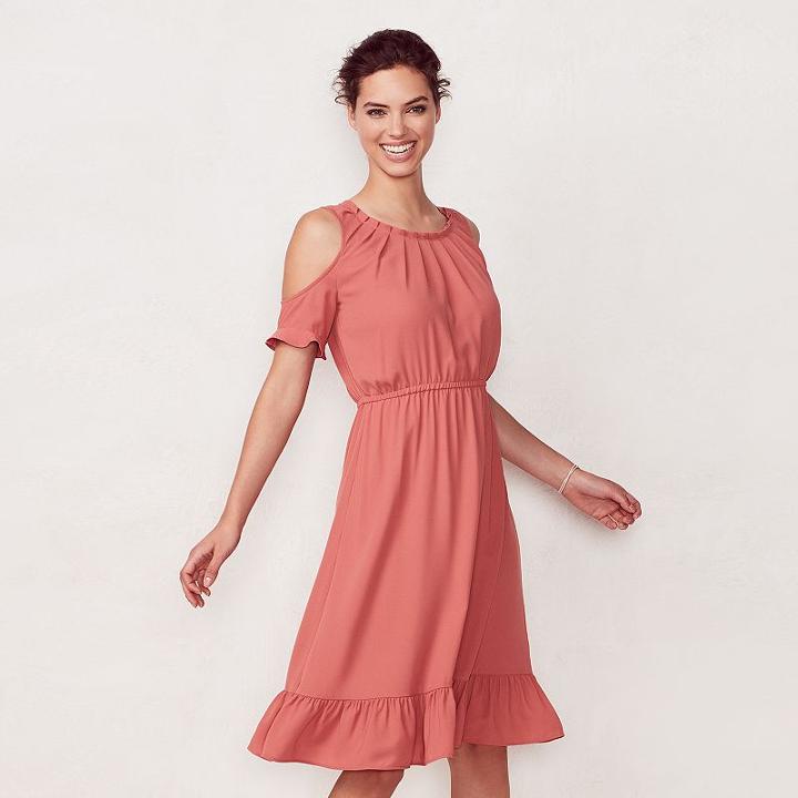 Women's Lc Lauren Conrad Cold-shoulder Ruffle Midi Dress, Size: Medium, Orange