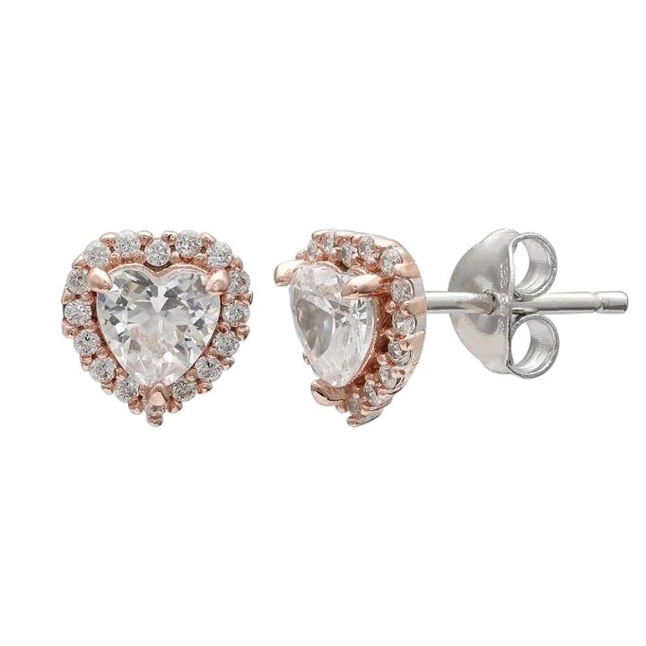 Primrose Two Tone Sterling Silver Cubic Zirconia Heart Stud Earrings, Women's, White