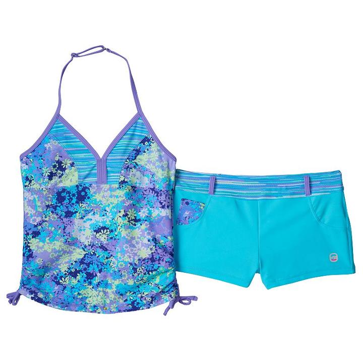 Girls 7-16 Free Country Floral Tankini & Shorts Swimsuit Set, Girl's, Size: 16, Med Purple