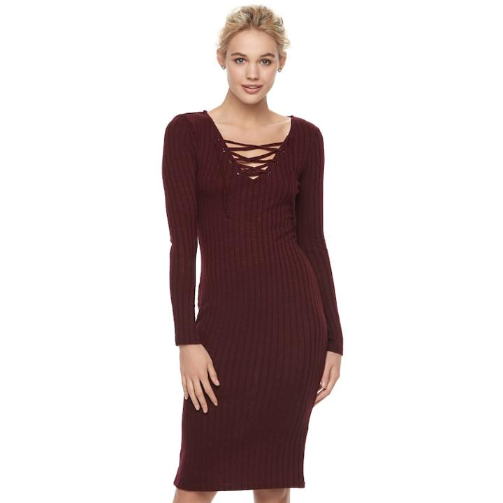 Juniors' Love, Fire Lace Up Ribbed Bodycon Dress, Teens, Size: Small, Dark Red
