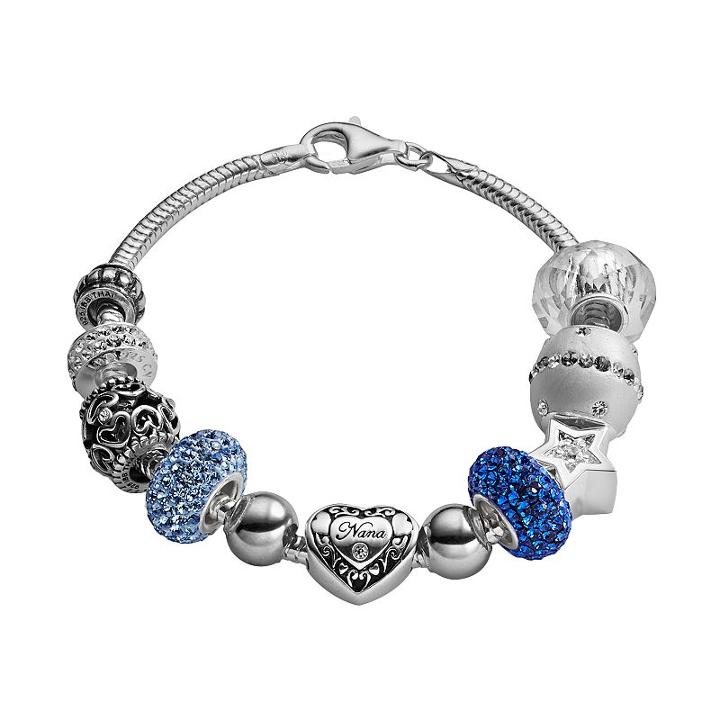 Individuality Beads Sterling Silver Snake Chain Bracelet And Crystal Nana Heart Bead Set, Women's, Size: 7.5, Blue