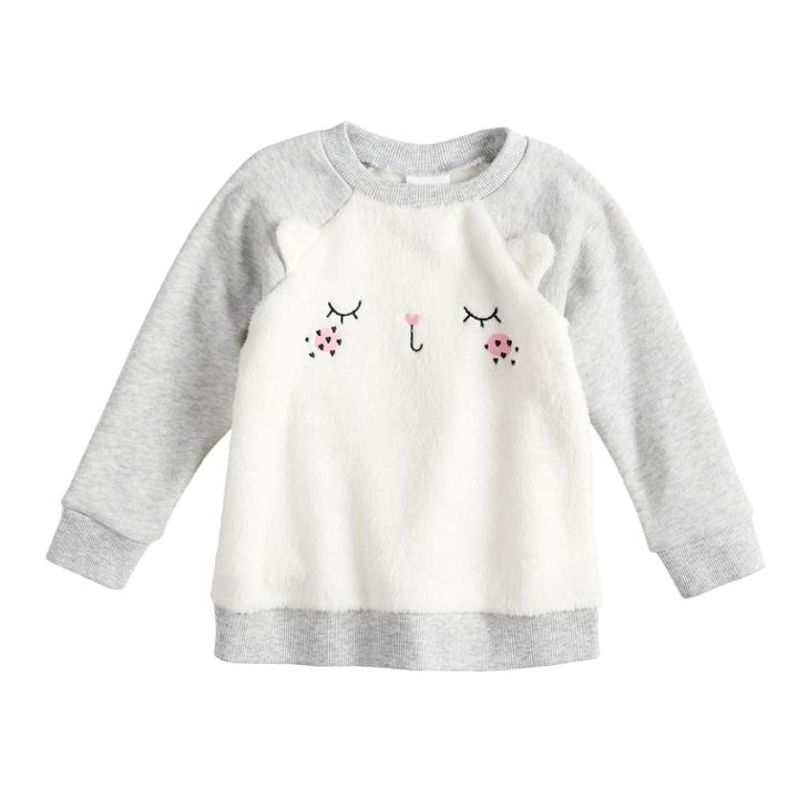 Baby Girl Jumping Beans® Embroidered Cat Plush Pullover, Size: 12 Months, Natural