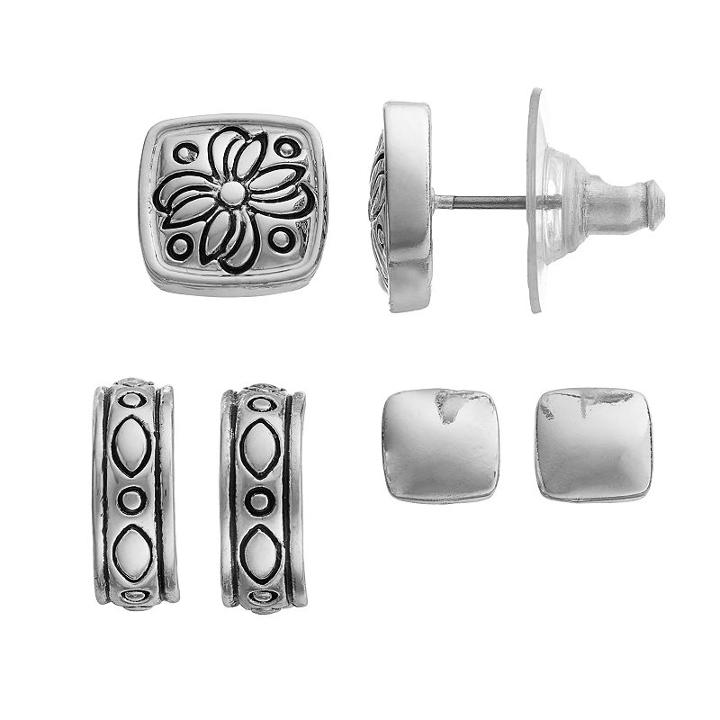 Napier Square Stud & Hoop Earring Set, Women's, Silver