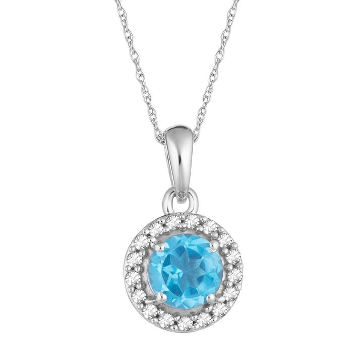 10k White Gold Swiss Blue Topaz & 1/10 Carat T.w. Diamond Halo Pendant Necklace, Women's, Size: 18