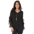 Juniors' Iz Byer California Necklace Ruffle Sleeve Top, Teens, Size: Large, Black