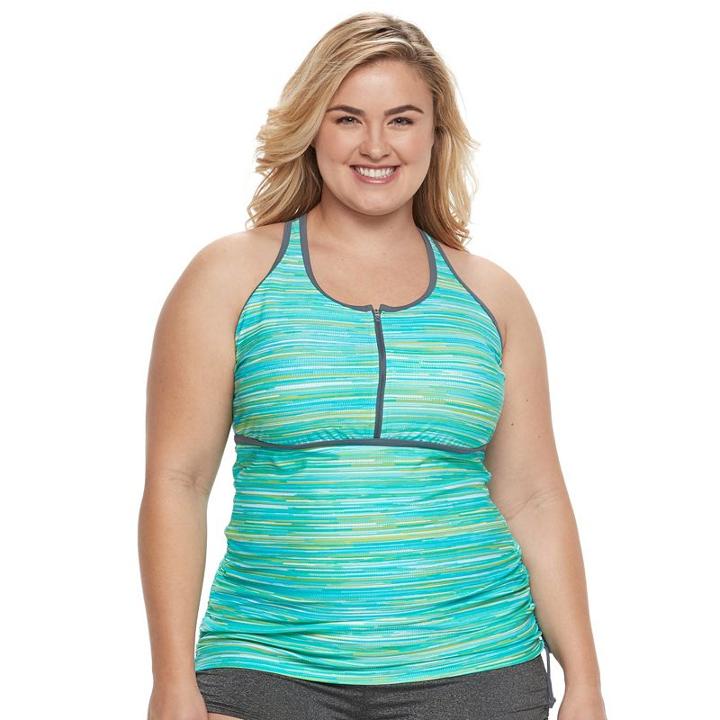 Plus Size Free Country Printed Quarter-zip Tankini Top, Women's, Size: 2xl, Blue Other