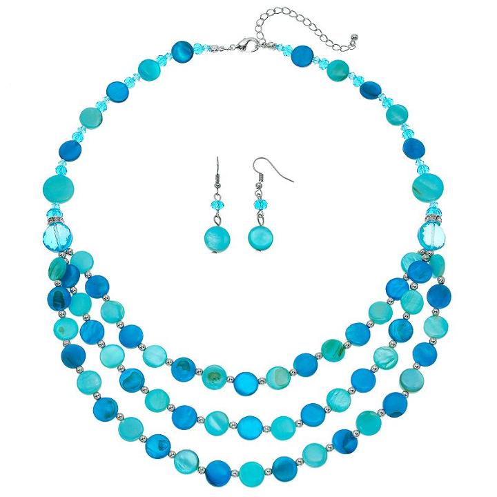 Aqua Composite Shell Disc Swag Necklace & Drop Earring Set, Women's, Blue