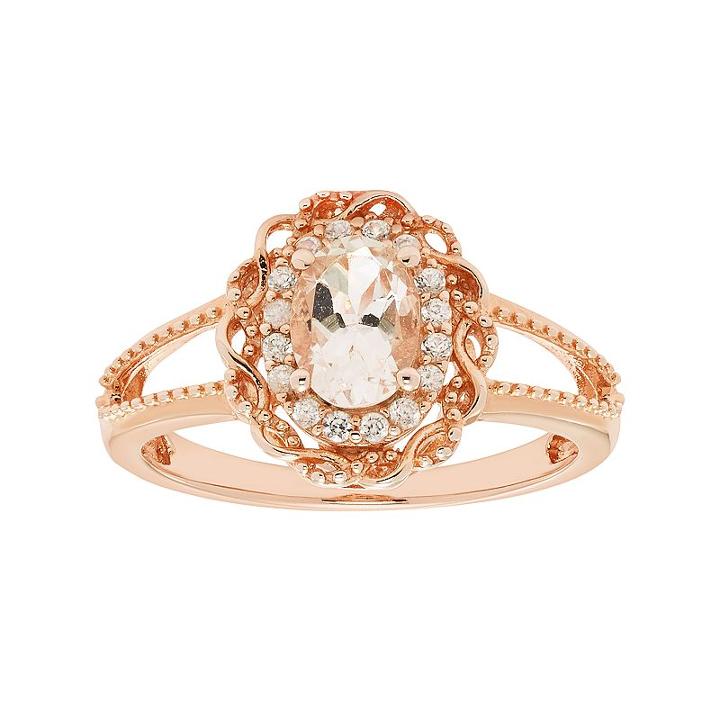 14k Rose Gold Over Silver Morganite & White Zircon Scalloped Oval Halo Ring, Women's, Size: 6, Pink