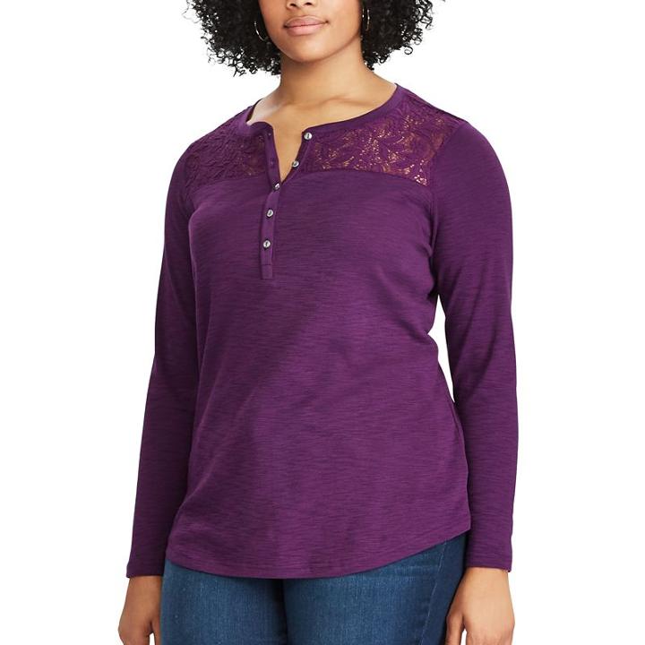 Plus Size Chaps Lace Yoke Henley Shirt, Women's, Size: 2xl, Purple