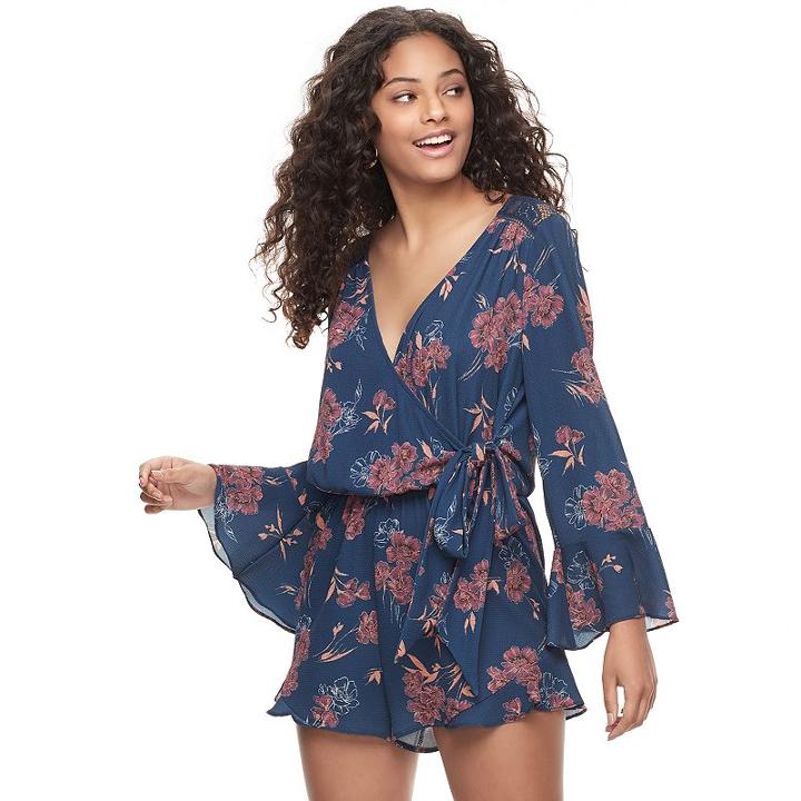 Juniors' Mason & Belle Floral Faux-wrap Romper, Teens, Size: Small, Med Blue