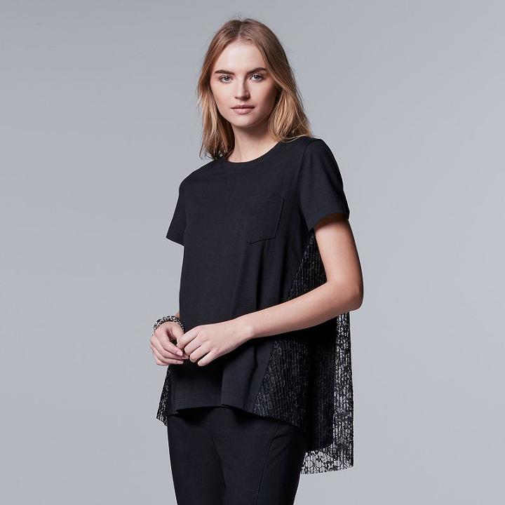 Women's Simply Vera Vera Wang Pleated Lace Back Tee, Size: Xs, Black