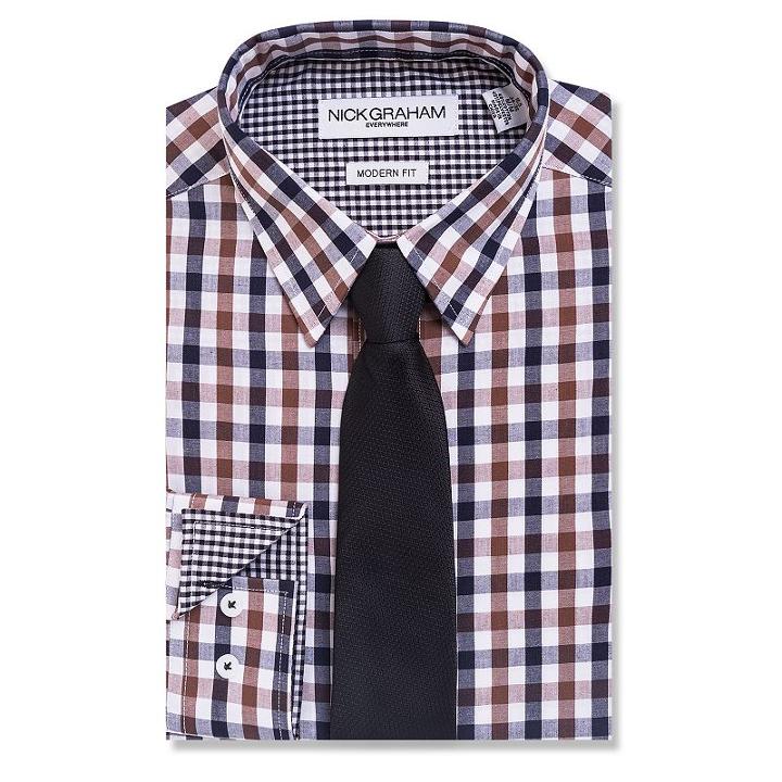 Men's Nick Graham Everywhere Modern-fit Dress Shirt And Tie Boxed Set, Size: L-32/33, Brown Oth