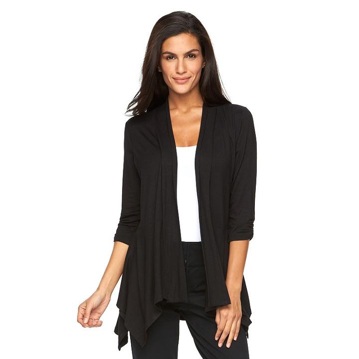 Women's Ab Studio Shark-bite Hem Open-front Cardigan, Size: Medium, Black