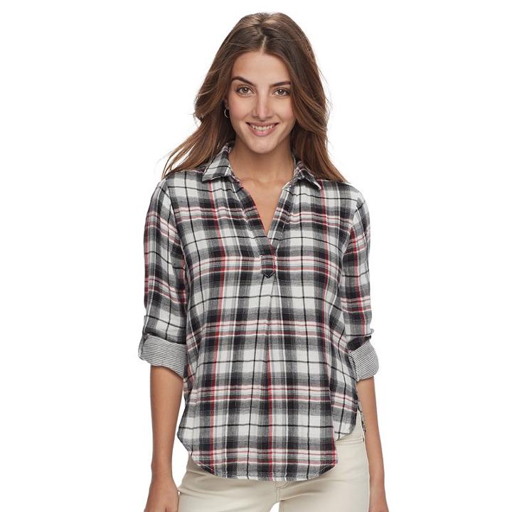 Petite Sonoma Goods For Life&trade; Plaid Splitneck Shirt, Women's, Size: L Petite, Black