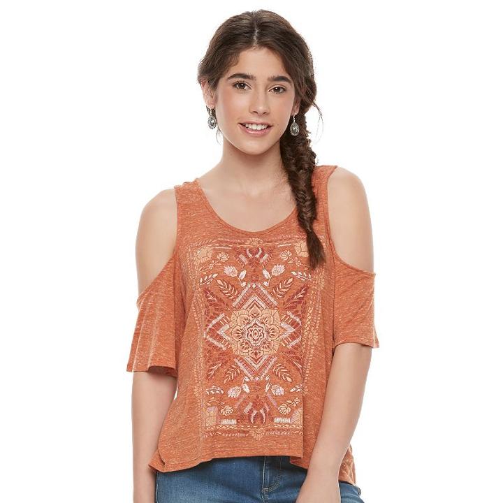 Juniors' Mudd&reg; Print Cold Shoulder Top, Girl's, Size: Medium, Med Orange