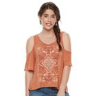 Juniors' Mudd&reg; Print Cold Shoulder Top, Girl's, Size: Medium, Med Orange