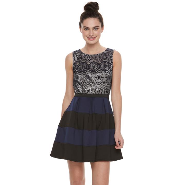 Juniors' Speechless Lace & Striped Skater Dress, Teens, Size: Medium, Dark Beige