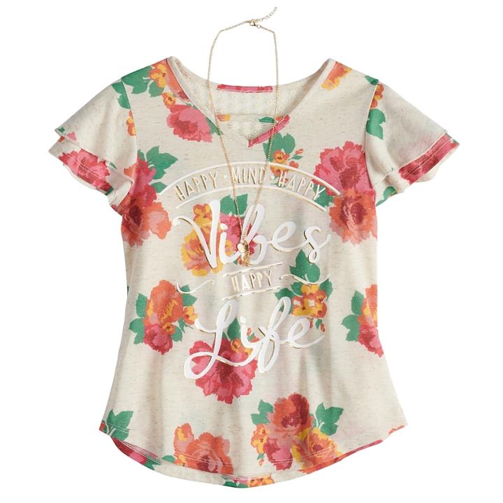 Girls 7-16 Self Esteem Floral Graphic Tee With Necklace, Size: Small, White