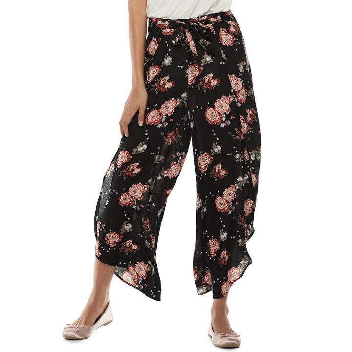 Juniors' American Rag High-waisted Belted Floral Soft Pants, Teens, Size: Small, Black