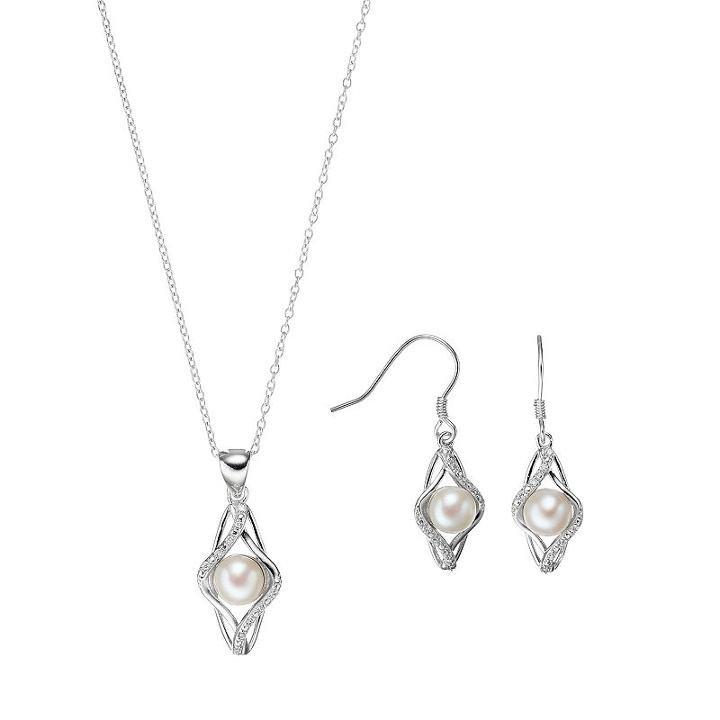 Sterling Silver Freshwater Cultured Pearl & Cubic Zirconia Kite Jewelry Set, Women's, Size: 18, White
