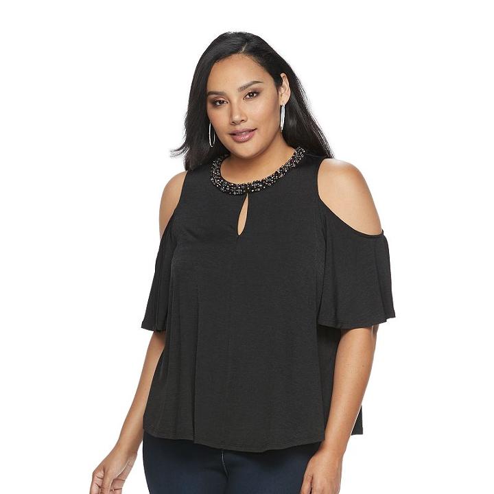 Plus Size Jennifer Lopez Embellished Cold-shoulder Top, Women's, Size: 3xl, Black