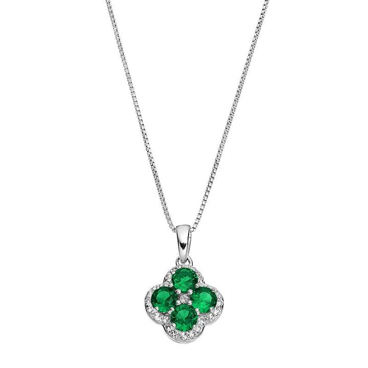 Sterling Silver Lab-created Emerald & White Topaz Flower Pendant Necklace, Women's, Size: 18, Green