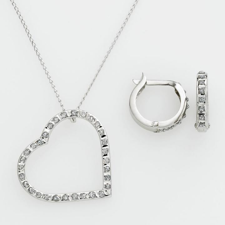 Diamond Mystique Platinum Over Silver Diamond Accent Heart Pendant And Hoop Earring Set, Women's, White