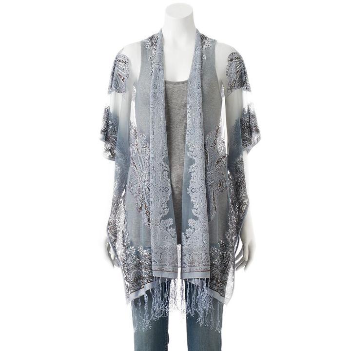 Mudd&reg; Burnout Paisley Fringed Kimono, Women's, Blue (navy)