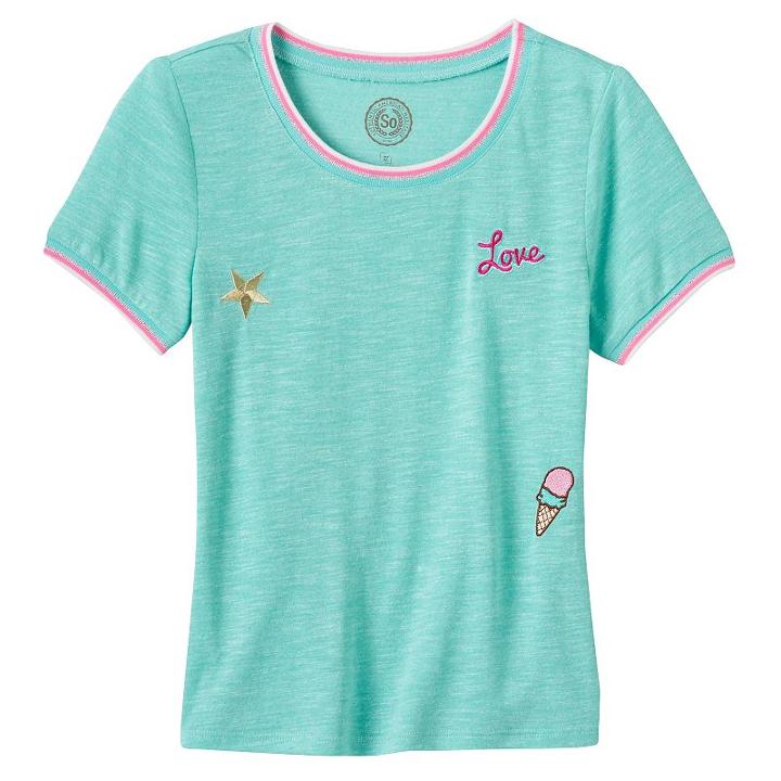 Girls 7-16 So&reg; Embroidered Skinny Tee, Girl's, Size: 14, Turquoise/blue (turq/aqua)