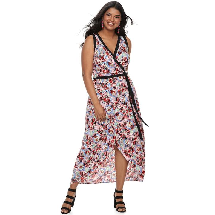Juniors' Plus Size Wrapper Contrast Trim Wrap Maxi Dress, Teens, Size: 2xl, Multi Print