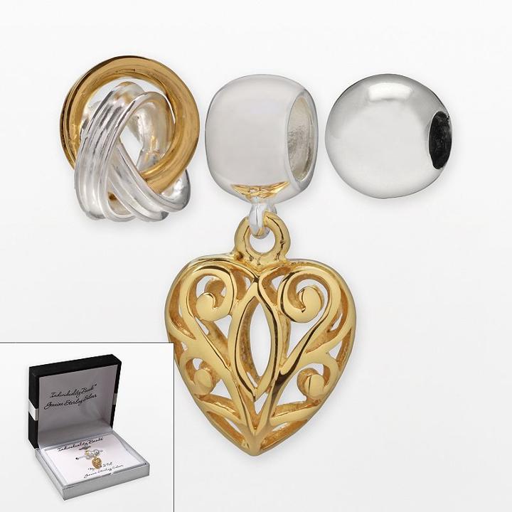 Individuality Beads 14k Gold Over Silver And Sterling Silver Love Knot Bead And Heart Charm Set, Women's, Grey