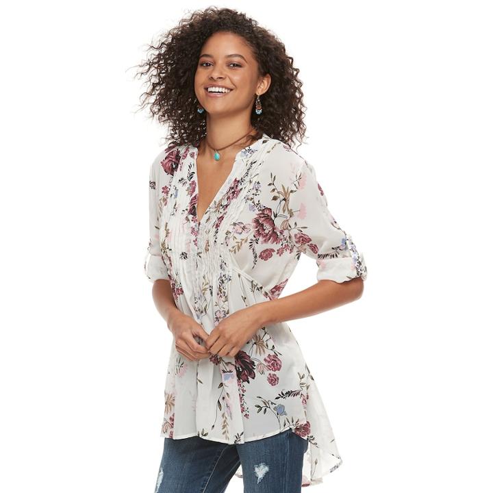 Juniors' American Rag Pintuck Floral Tunic, Size: Medium, White