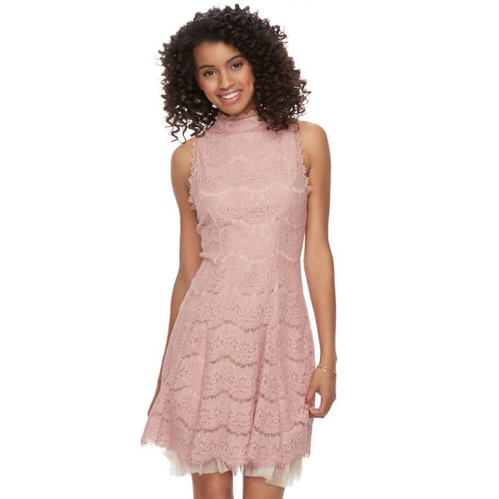 Juniors' Trixxi Lace Tulle Mockneck A-line Dress, Teens, Size: Medium, Light Pink