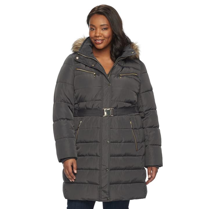 Plus Size Apt. 9&reg; Hooded Faux-fur Trim Puffer Jacket, Women's, Size: 2xl, Dark Grey