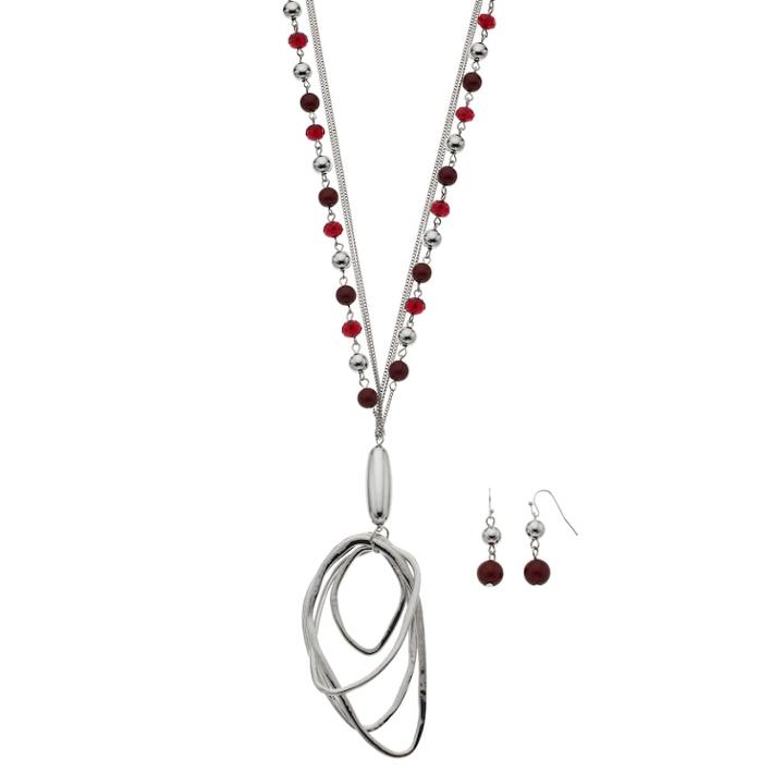 Red Bead Long Pendant Necklace & Earring Set, Women's