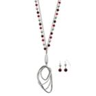 Red Bead Long Pendant Necklace & Earring Set, Women's