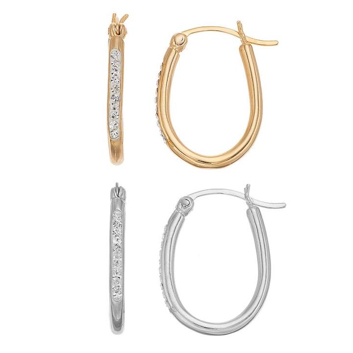 Chrystina 14k Gold Plated & Silver Plated Crystal Oval Hoop Earring Set, Women's, White