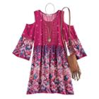 Girls 7-16 Knitworks Flower Printed Cold Shoulder Dress With Crossbody Purse, Size: 16, Dark Red
