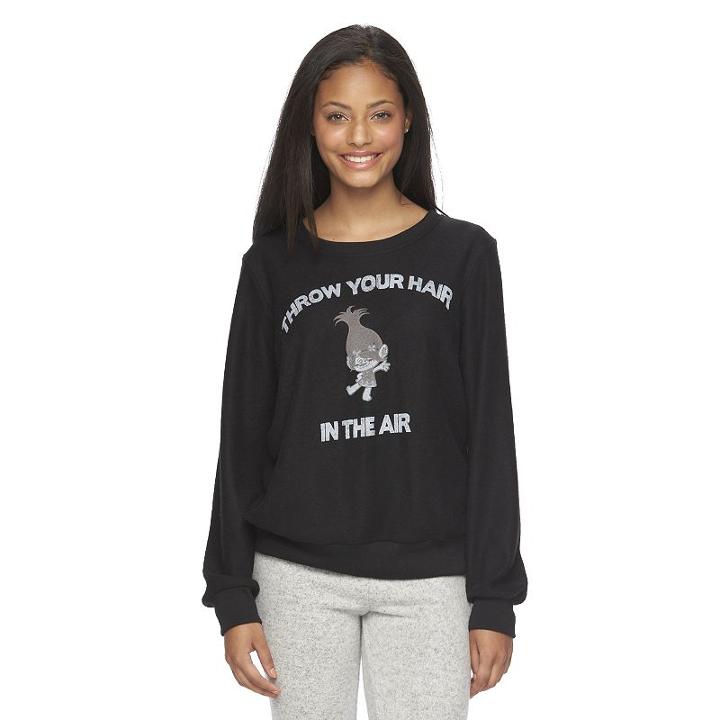 Juniors' Dreamworks Trolls Throw Your Hair In The Air Fuzzy Graphic Sweatshirt, Girl's, Size: Large, Black