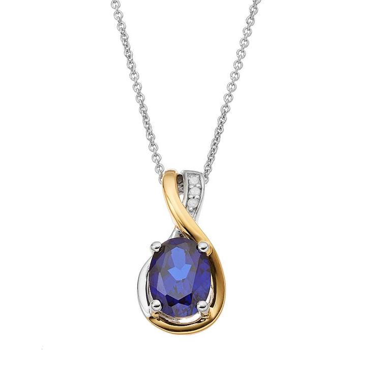 Sterling Silver Two Tone Lab-created Sapphire Teardrop Pendant, Women's, Blue
