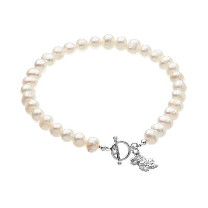 Dayna U Kansas Jayhawks Sterling Silver Freshwater Cultured Pearl Logo Charm Toggle Bracelet, Women's, Size: 8, White